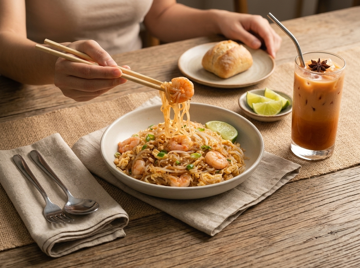 Chopsticks lifting a twirl of shirataki pad thai from a bowl beside iced tea and a linen napkin on a table.