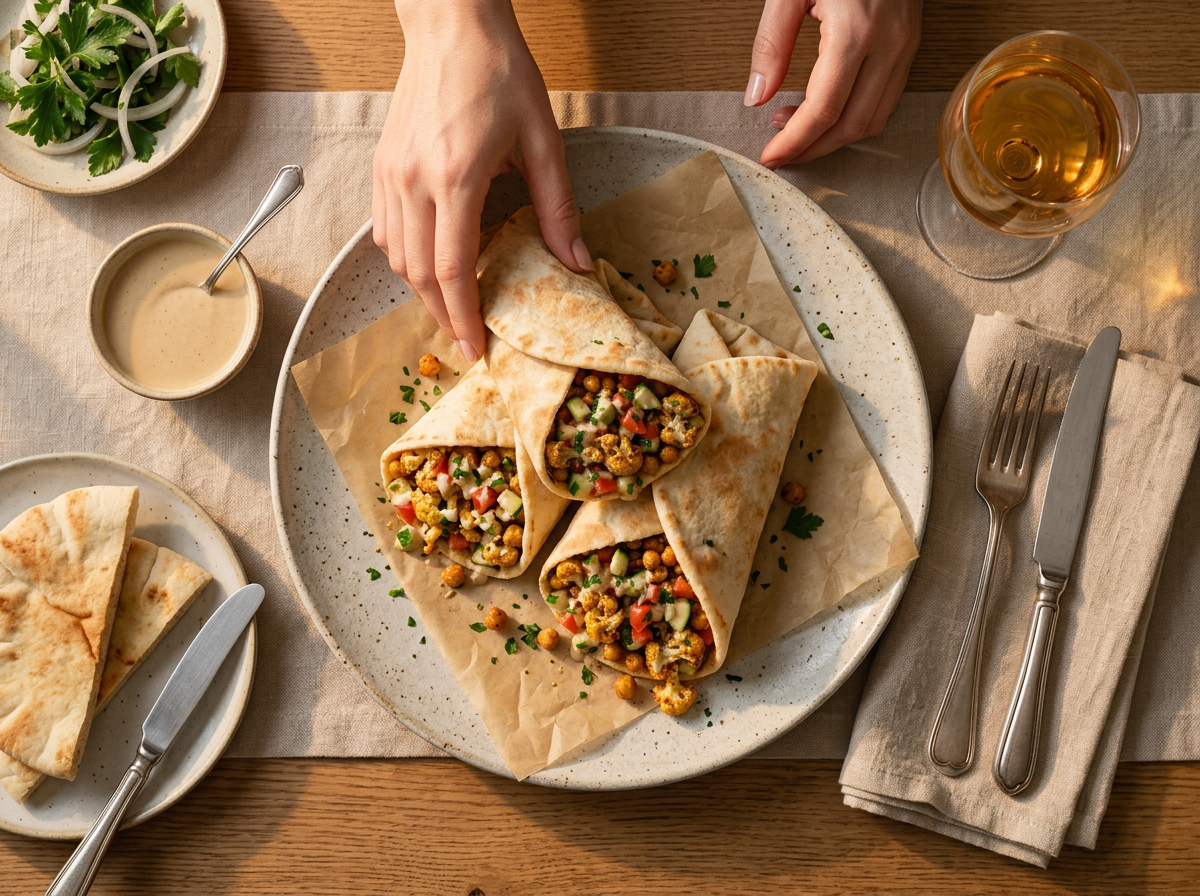 Two shawarma wraps on parchment paper next to a bowl of tahini sauce on a linen-covered table in warm afternoon light.