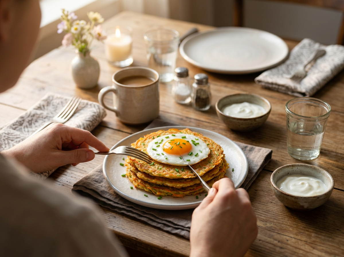 A person at a kitchen table pouring yogurt over buckwheat veggie pancakes, coffee mug and linen napkin nearby