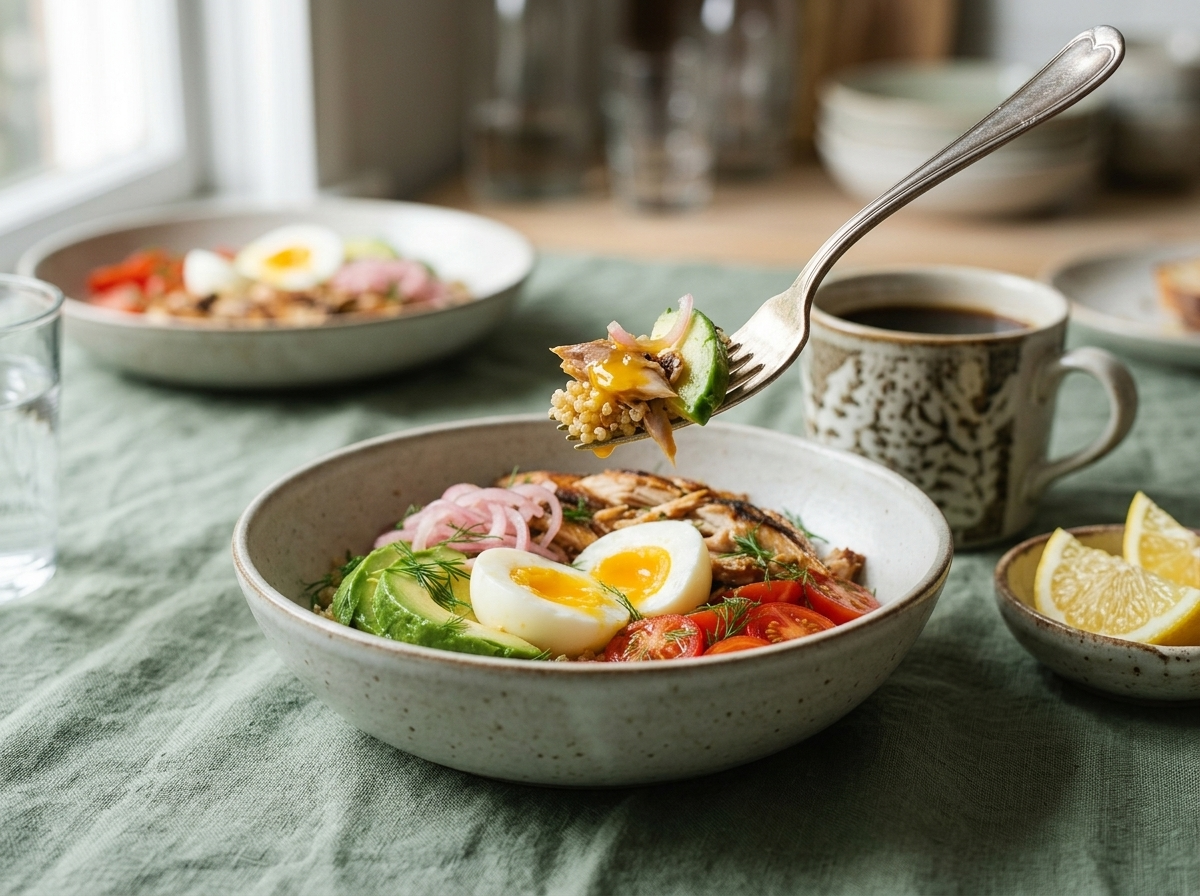 A linen-covered table set with the mackerel egg bowl, a fork resting on the rim, and a mug of coffee nearby.