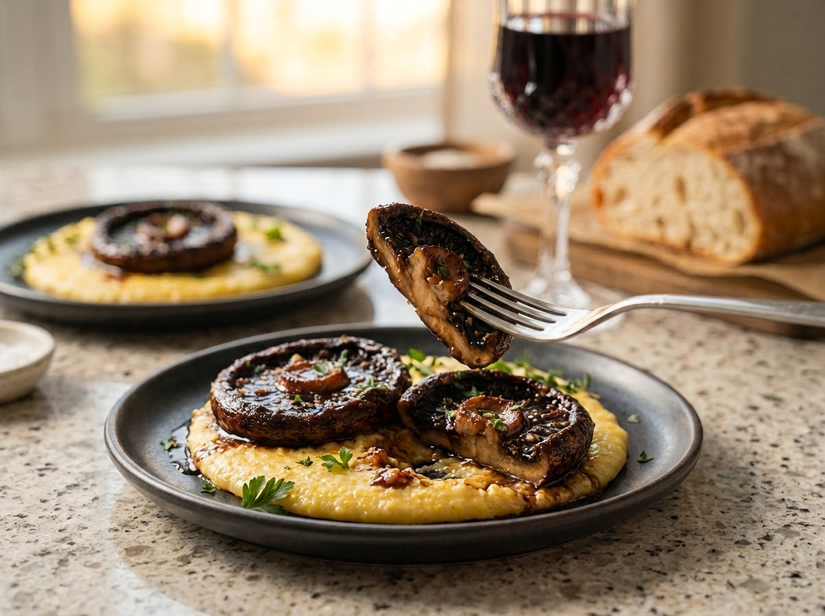 Plated portobello steaks over creamy polenta on a linen-covered table with wine glasses and crusty bread nearby.
