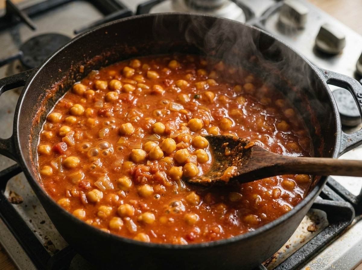 Wooden spoon stirring a bubbling pot of tomato coconut sauce with golden onions and softening chickpeas on the stove
