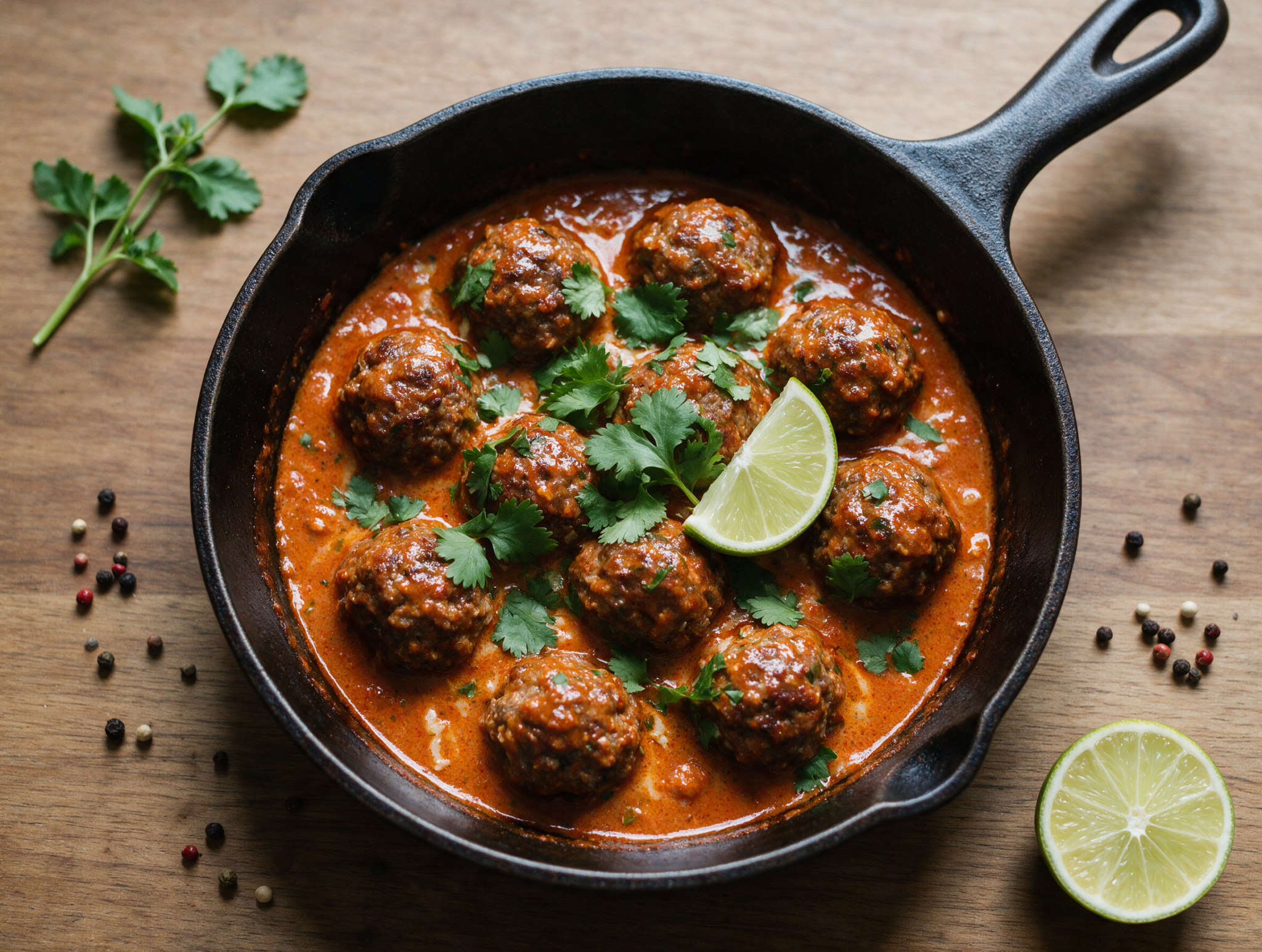 Close overhead view of seared meatballs bathed in a glossy orange coconut curry sauce, cilantro leaves scattered on top.