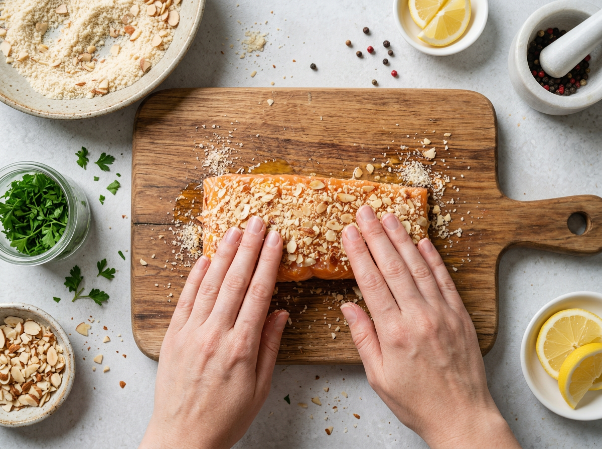 Raw salmon fillet being pressed into a bowl of almond flour and crushed almonds on a wooden board.
