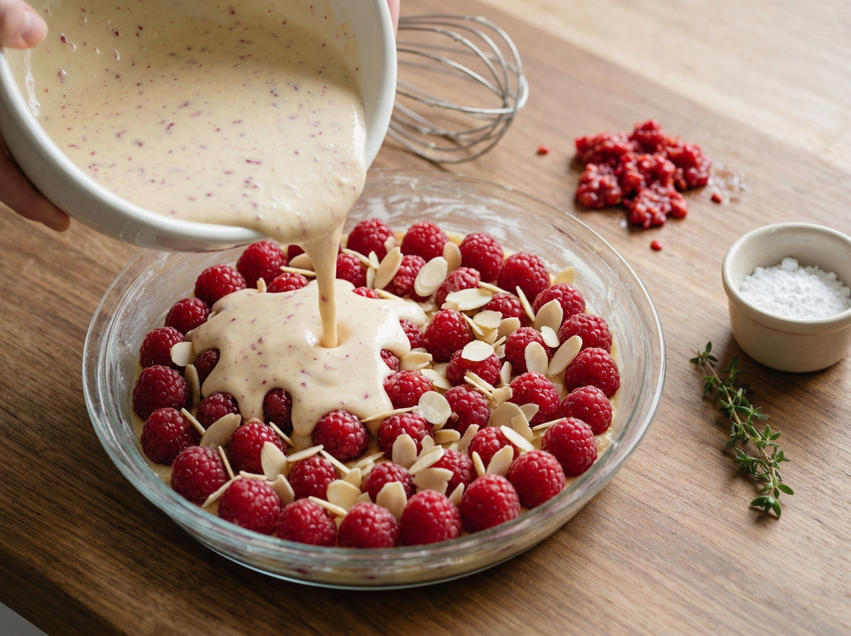 Custard batter being poured over fresh raspberries in a buttered glass pie dish before baking, sliced almonds on top