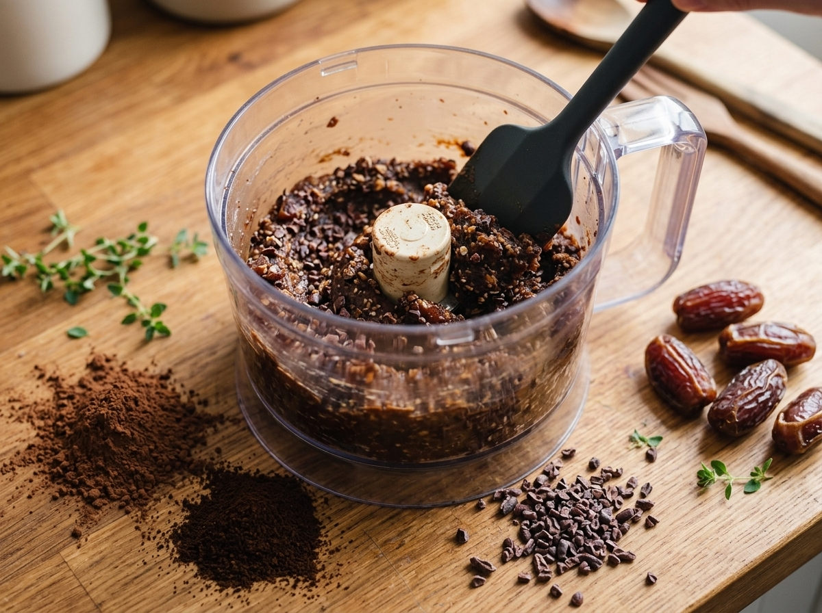 Sticky date and oat dough being scraped from a food processor bowl with cacao powder and espresso powder on the counter.