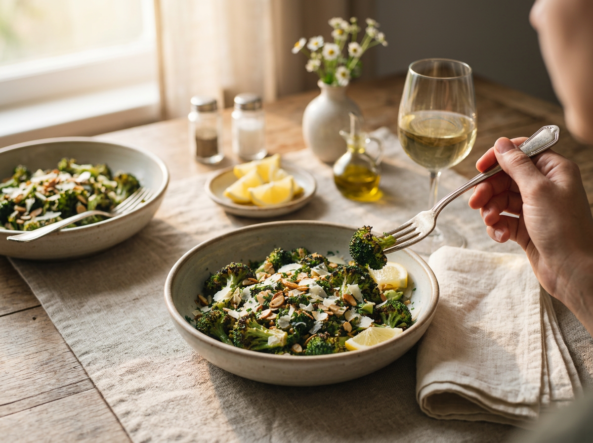 A hand reaching for the salad bowl at a linen-covered table set with lemon wedges and a glass of white wine.