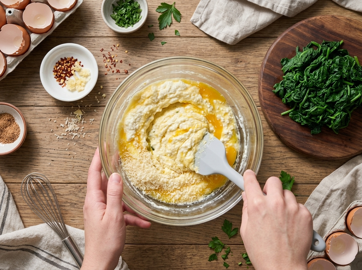Hands folding squeezed wilted spinach into a bowl of whisked ricotta and eggs on a wooden kitchen counter