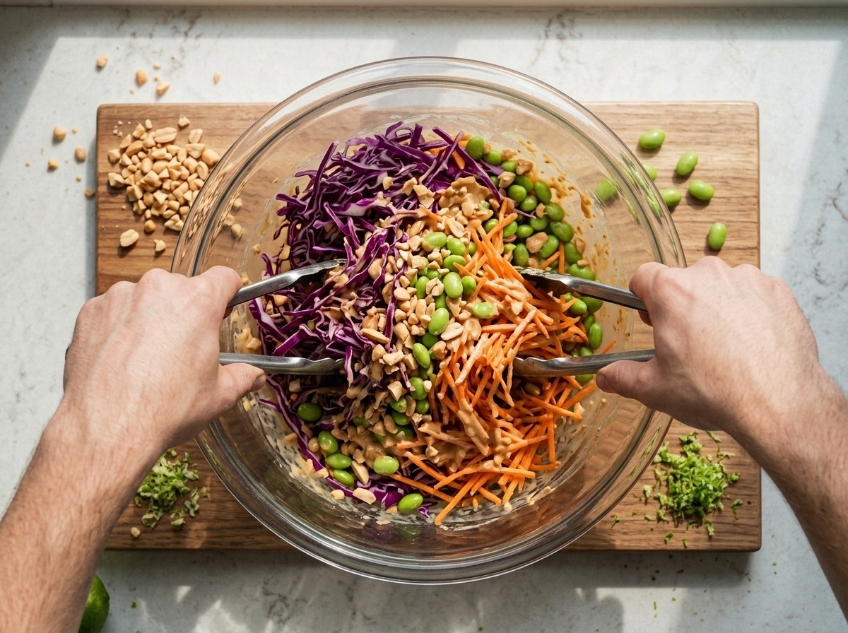 Hands tossing shredded cabbage and carrots with peanut lime dressing using tongs in a glass mixing bowl