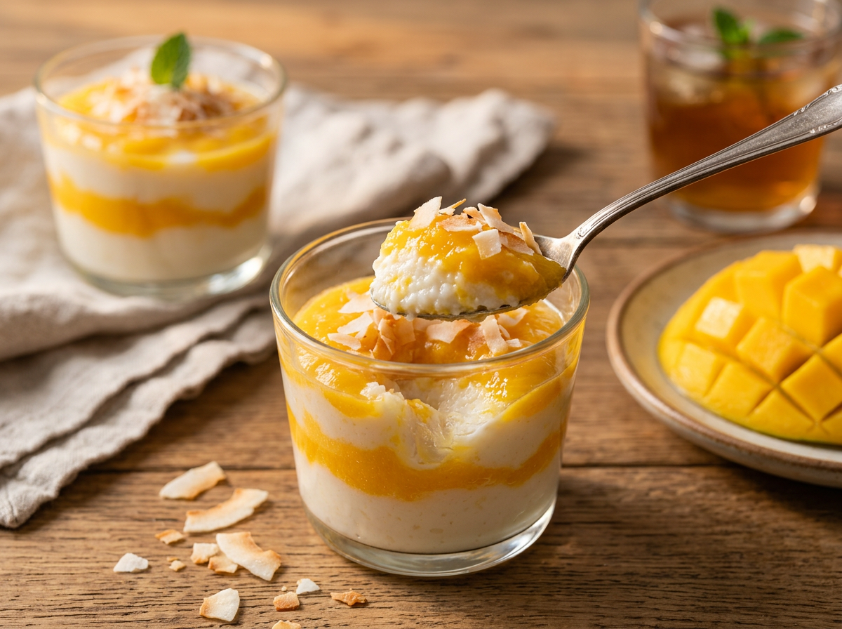 Two glasses of chilled mango coconut pudding on a wood table, a spoon mid-scoop beside fresh mango slices