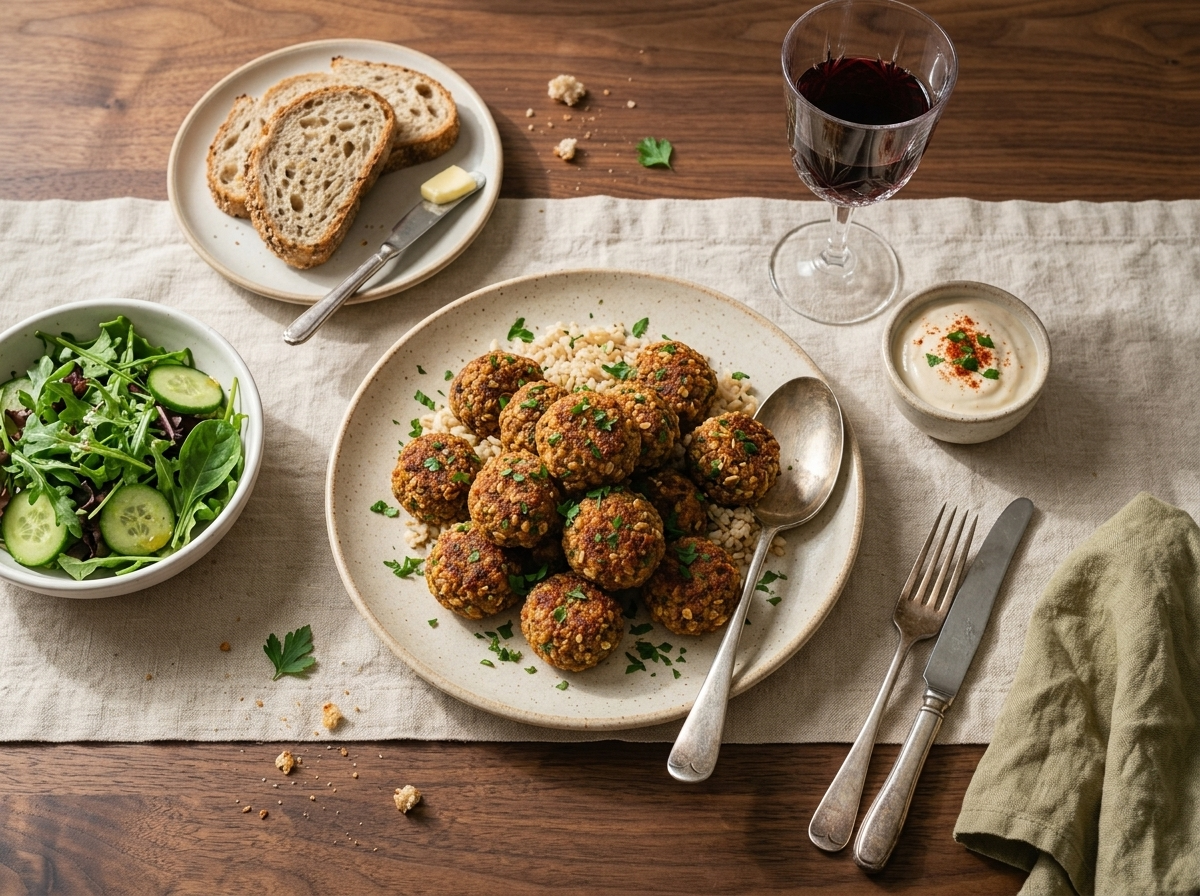 A family-style bowl of lentil meatballs over rice on a wooden table, linen napkin and glass of water nearby.