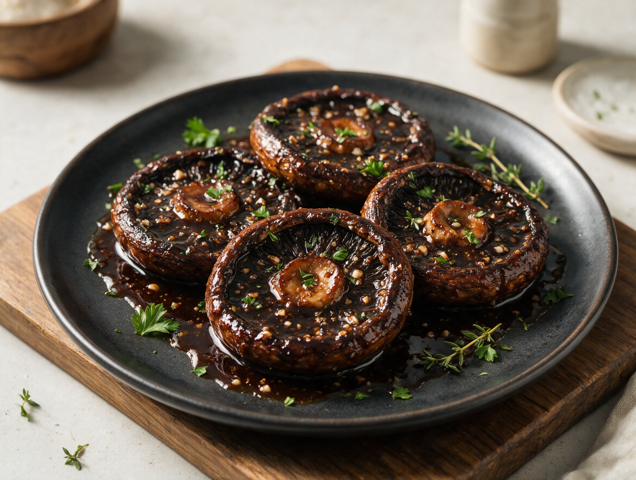 Four balsamic glazed portobello mushroom steaks glistening on a dark plate with parsley scattered over the sticky glaze.