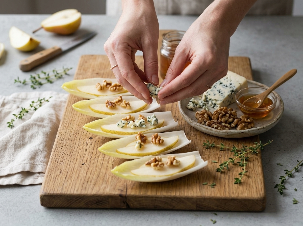 Hands crumbling blue cheese over pear slices tucked into endive leaves lined up on a wooden cutting board
