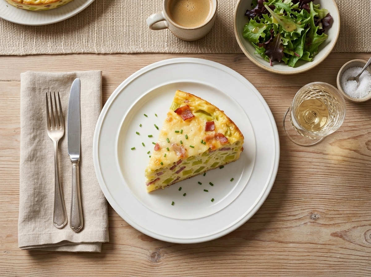 A wedge of bacon leek quiche plated with a fork, linen napkin, coffee cup, and green salad on a wooden table