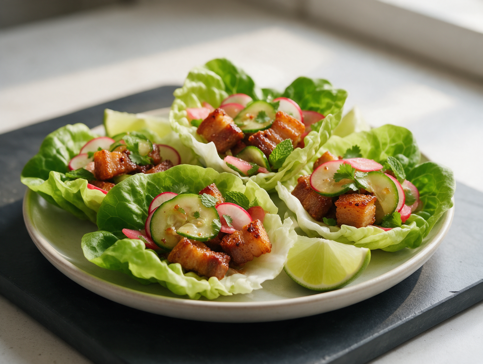 Crispy Keto Pork Belly Lettuce Cups with Lime