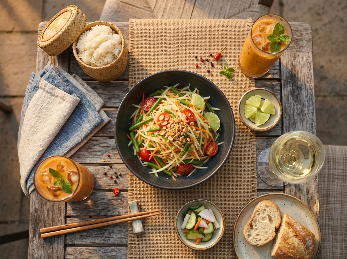 Two hands sharing a bowl of papaya salad with sticky rice on a rattan tray in warm afternoon sunlight.