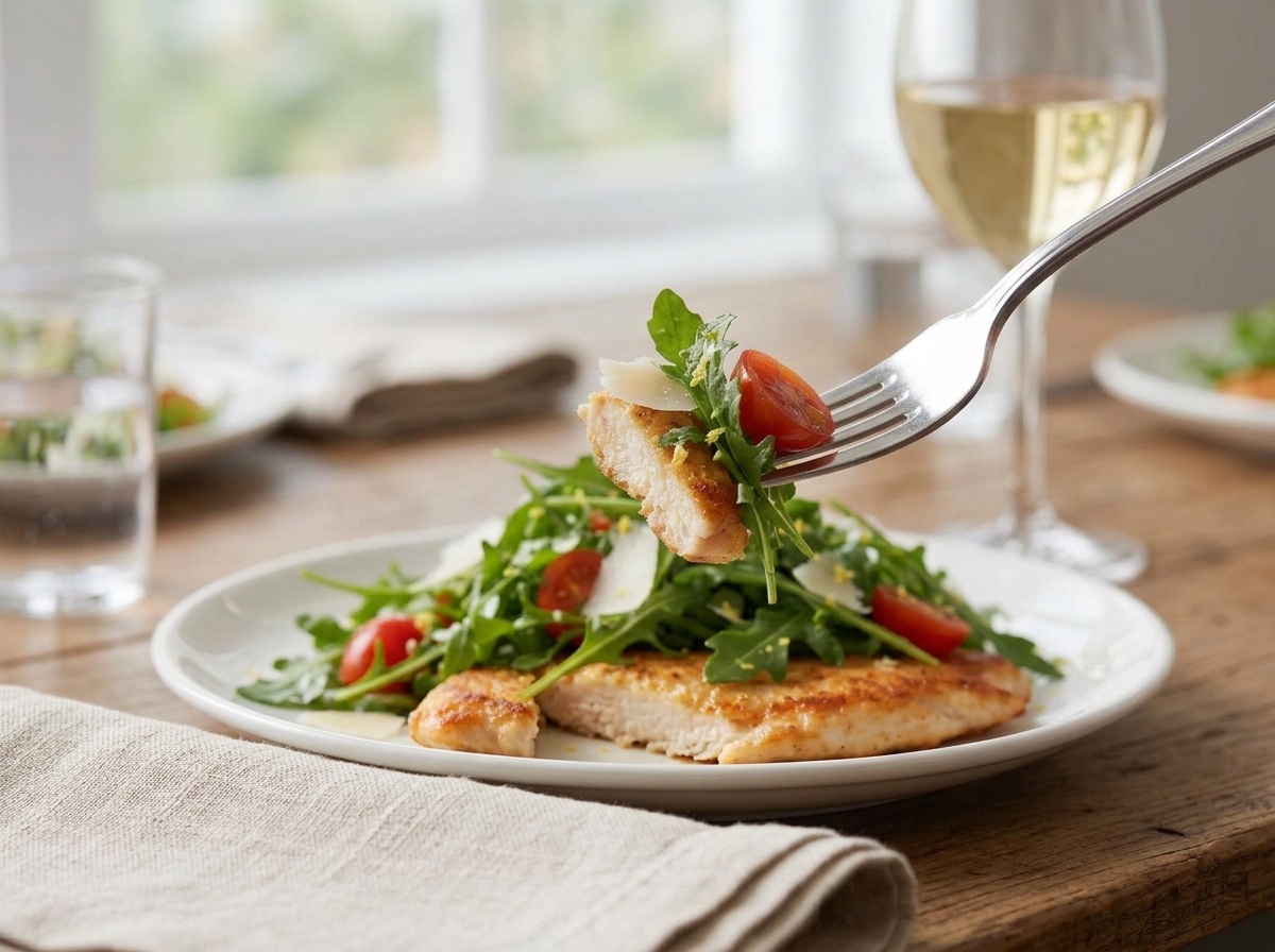 A table set with plated chicken paillard, a glass of white wine, and a linen napkin in warm daylight