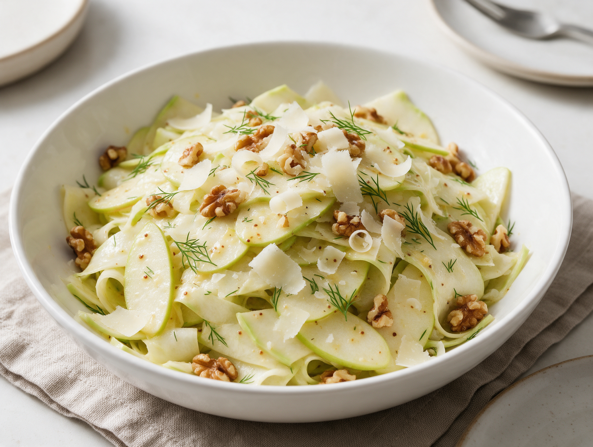 Overhead view of shaved kohlrabi and apple ribbons with toasted walnuts and parmesan curls in a white ceramic bowl on linen.