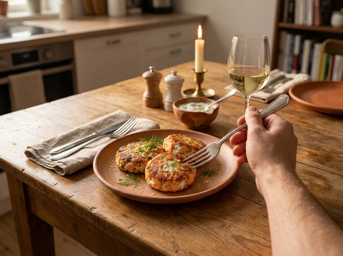 A woman lifts a forkful of flaky salmon cake at a wood table set with linen napkins and a glass of white wine