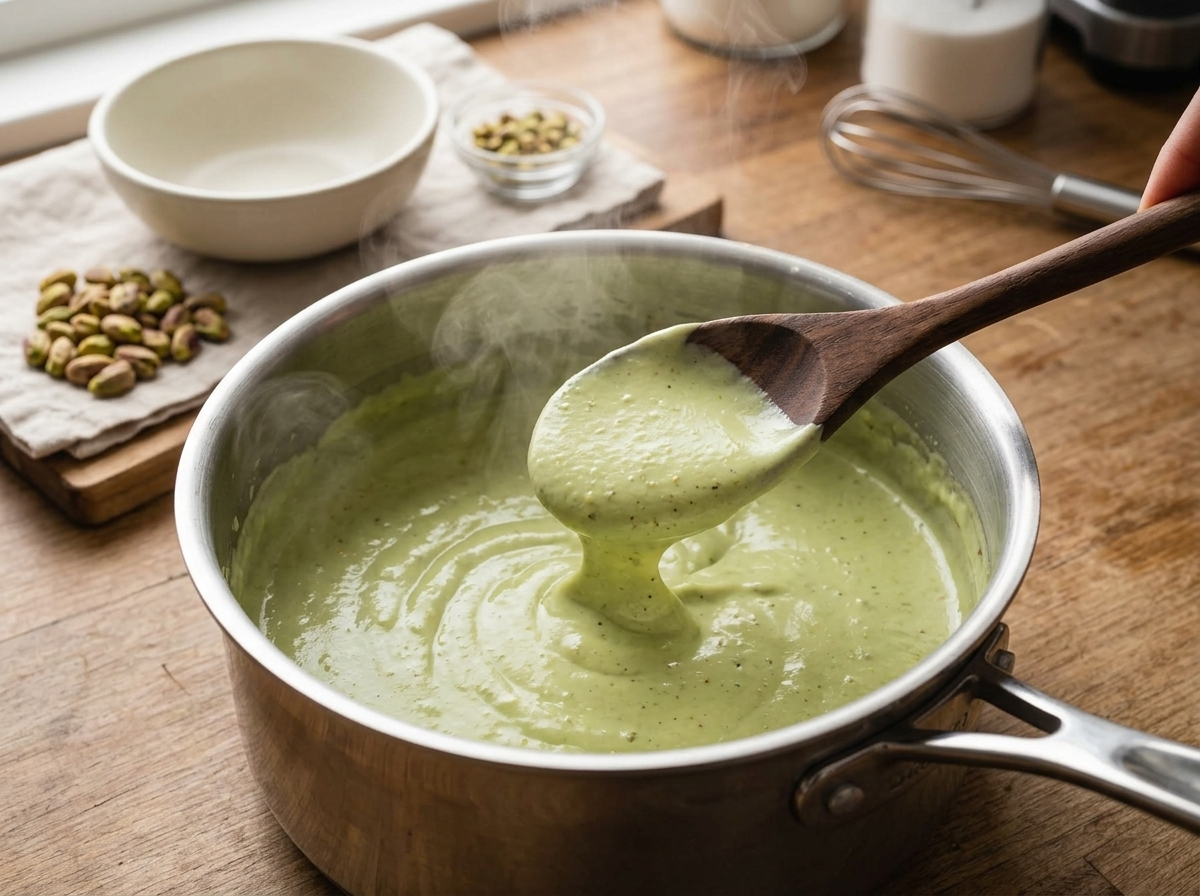 Wooden spoon stirring thick pistachio custard in a saucepan until it coats the back of the spoon