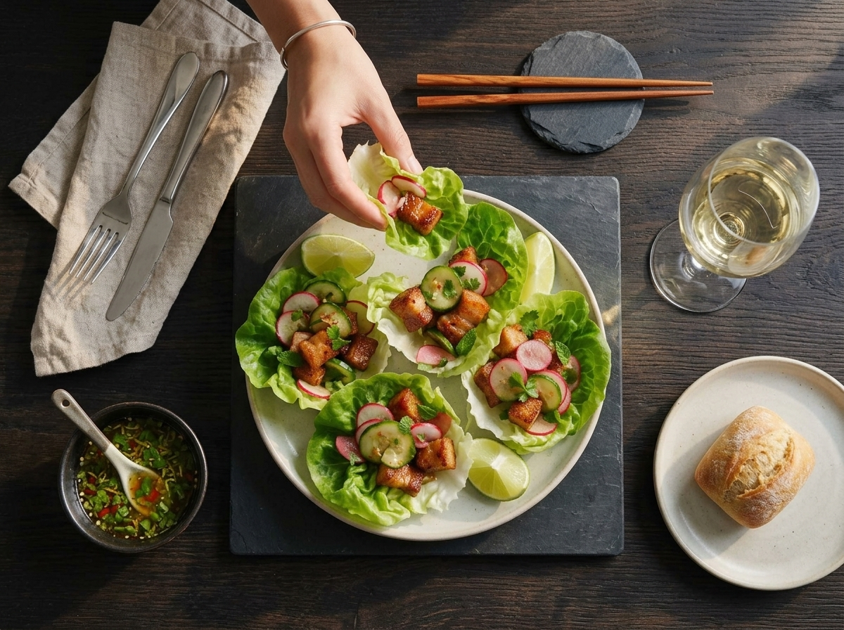 Hands filling a butter lettuce leaf with pork belly and herbs at a wooden table set with linen napkins