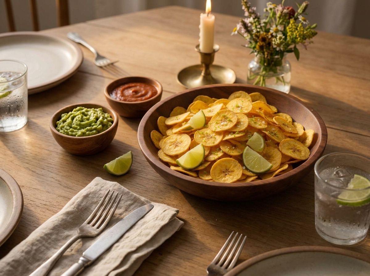 Hands reaching for plantain chips and lime-spiked guacamole on a sunlit kitchen table.