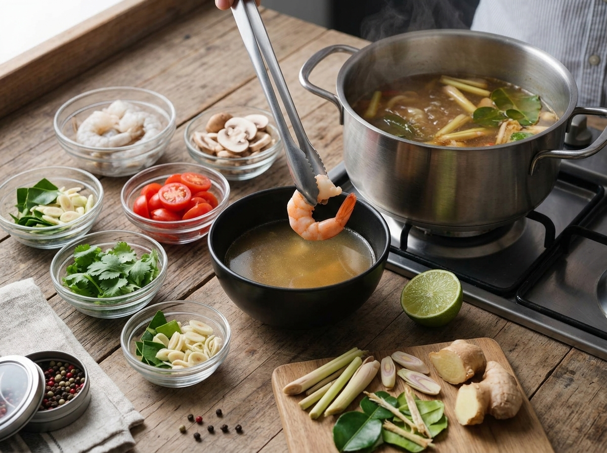 Close-up of raw shrimp lowered into bubbling lemongrass and chili broth with mushrooms floating in a steel pot.