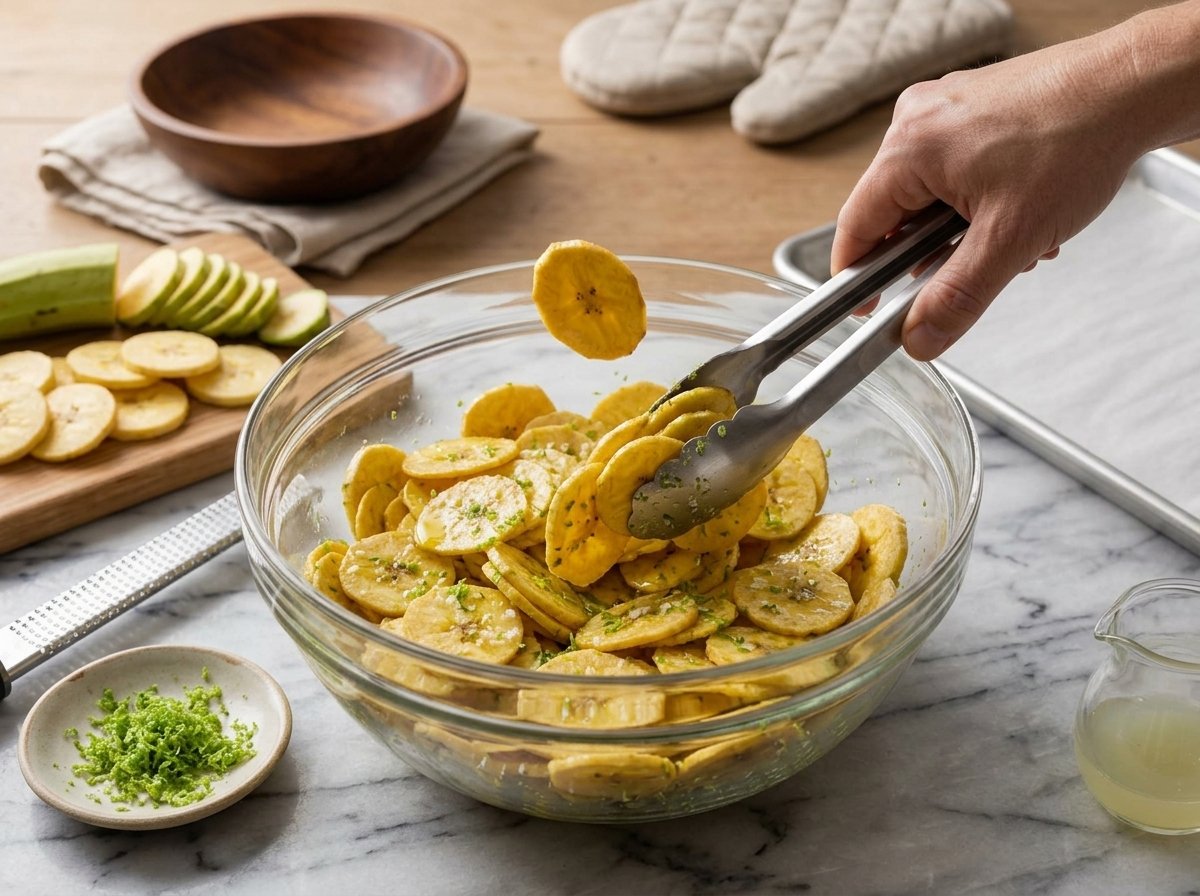 Thin plantain slices being tossed with lime juice and oil in a glass mixing bowl before baking.