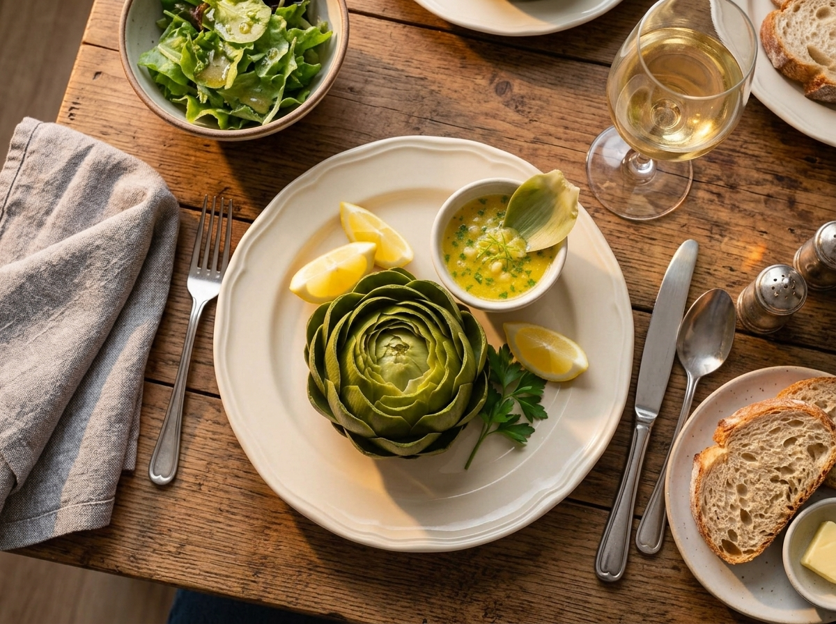 Hands pulling a leaf from a warm artichoke and dipping it into lemon butter at a table set with linen napkins