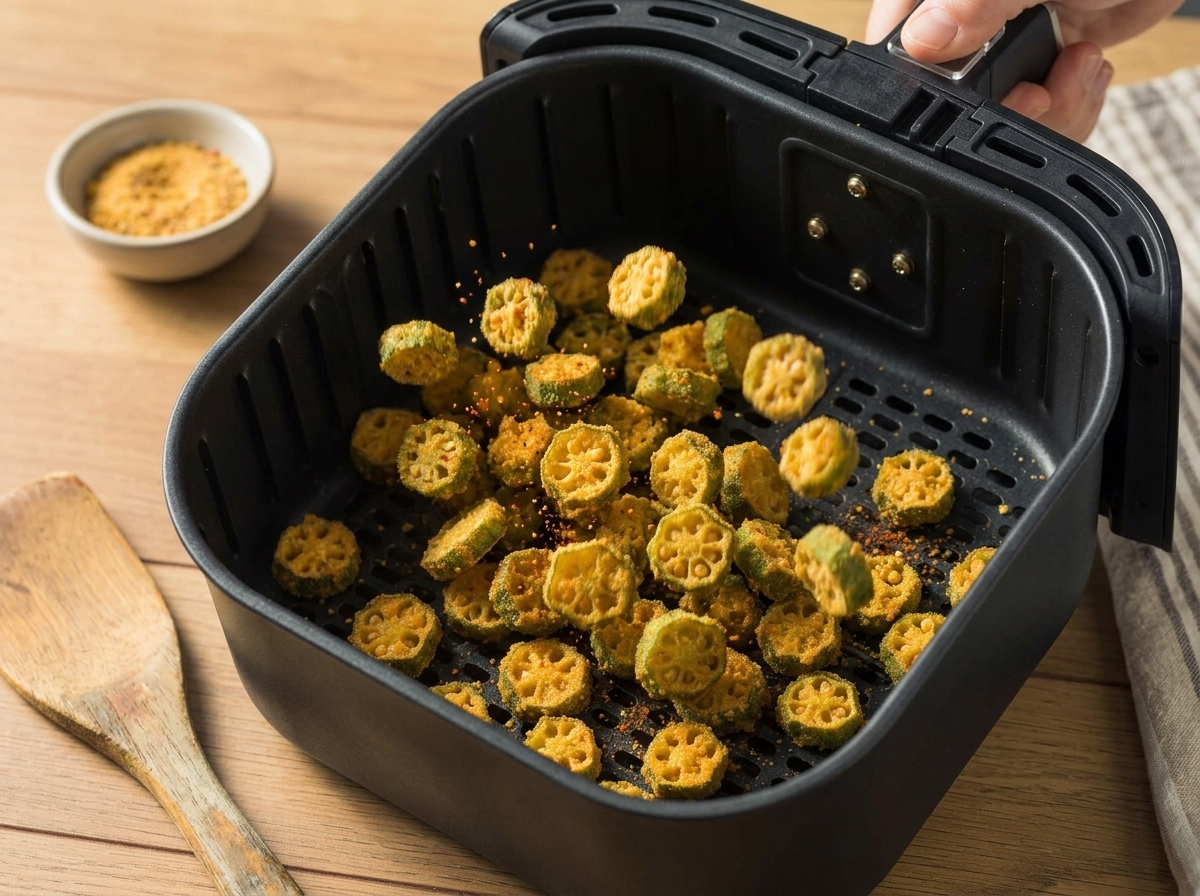 Sliced okra rounds coated in seasoned cornmeal sitting in the air fryer basket before being shaken halfway through cooking