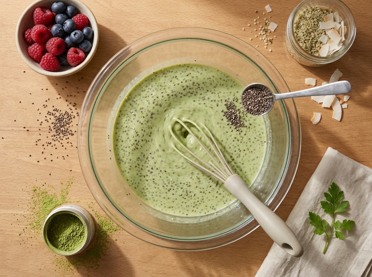 Whisking pale green matcha and coconut milk mixture in a glass bowl before stirring in chia seeds.