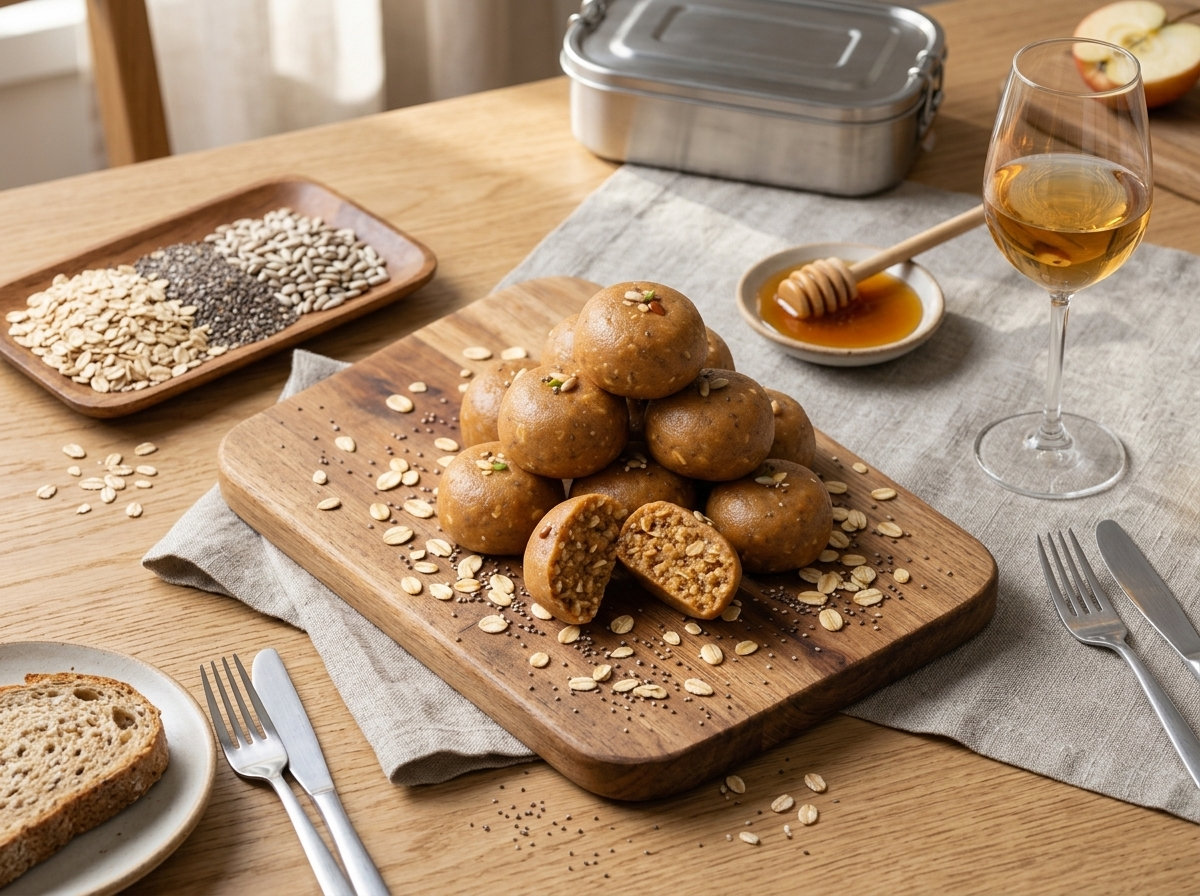 Sunflower seed butter energy rounds packed in a lunchbox next to apple slices and a folded cloth napkin.