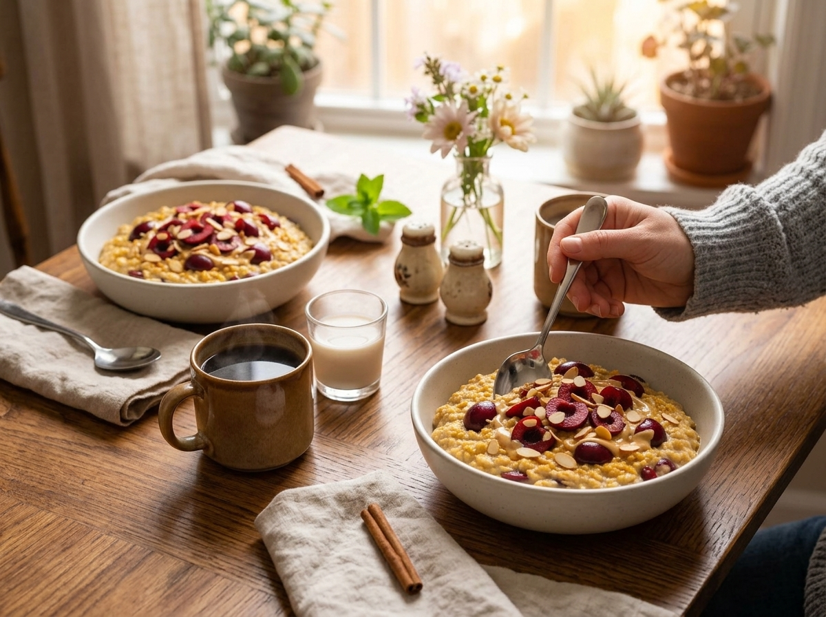 Two bowls of cherry almond porridge on a wooden table with coffee and almond milk, morning light, hand reaching for a spoon.