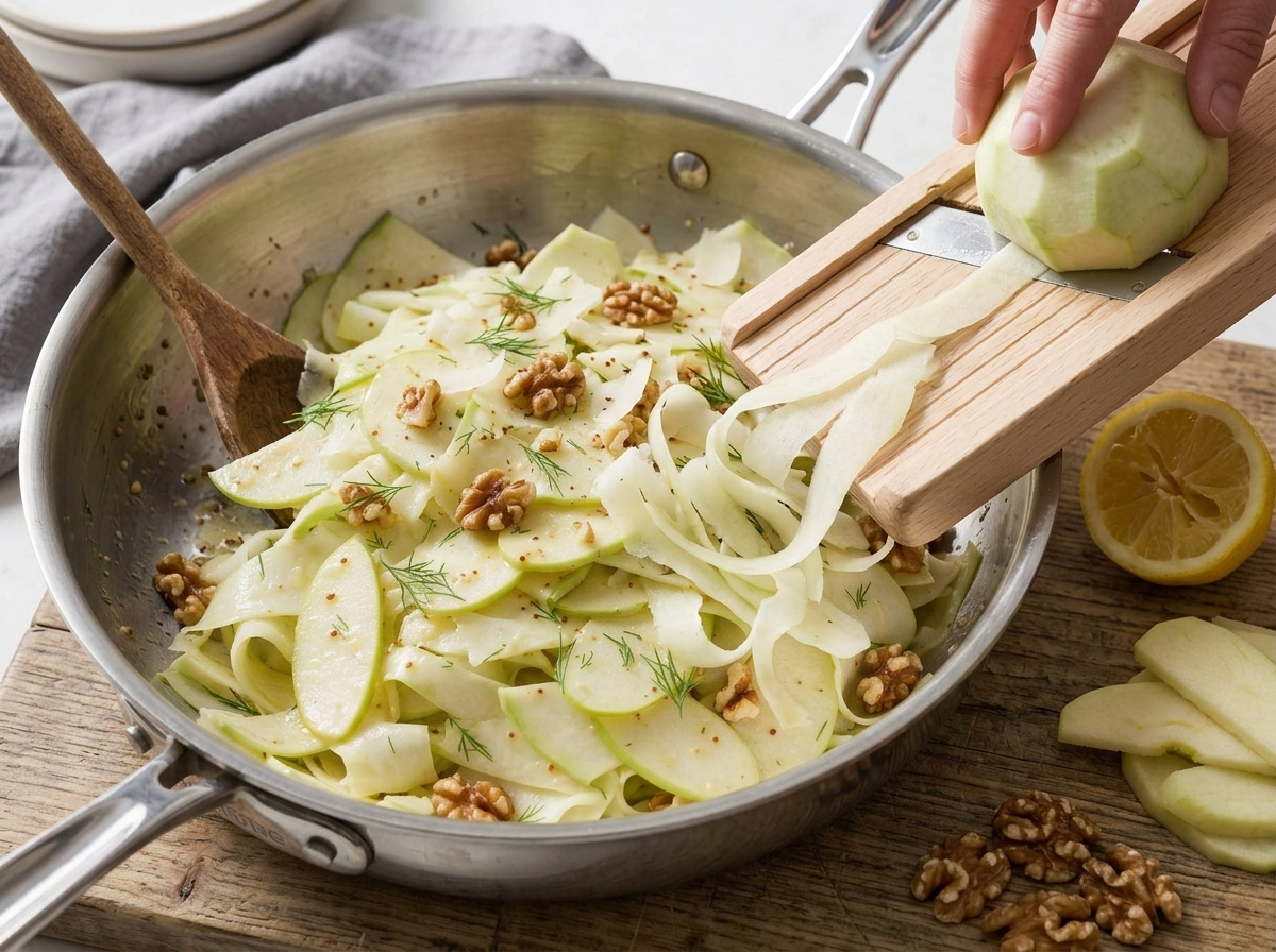 Hands sliding a kohlrabi bulb across a mandoline, thin pale ribbons falling into a stainless steel mixing bowl below.