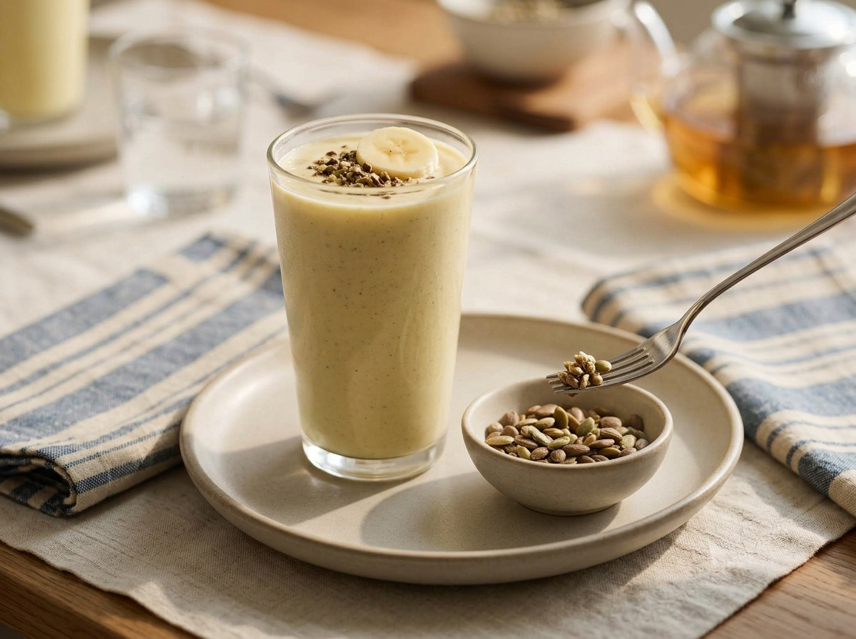 Hand holding a glass of vanilla smoothie at a breakfast table with a linen napkin and small bowl of seeds
