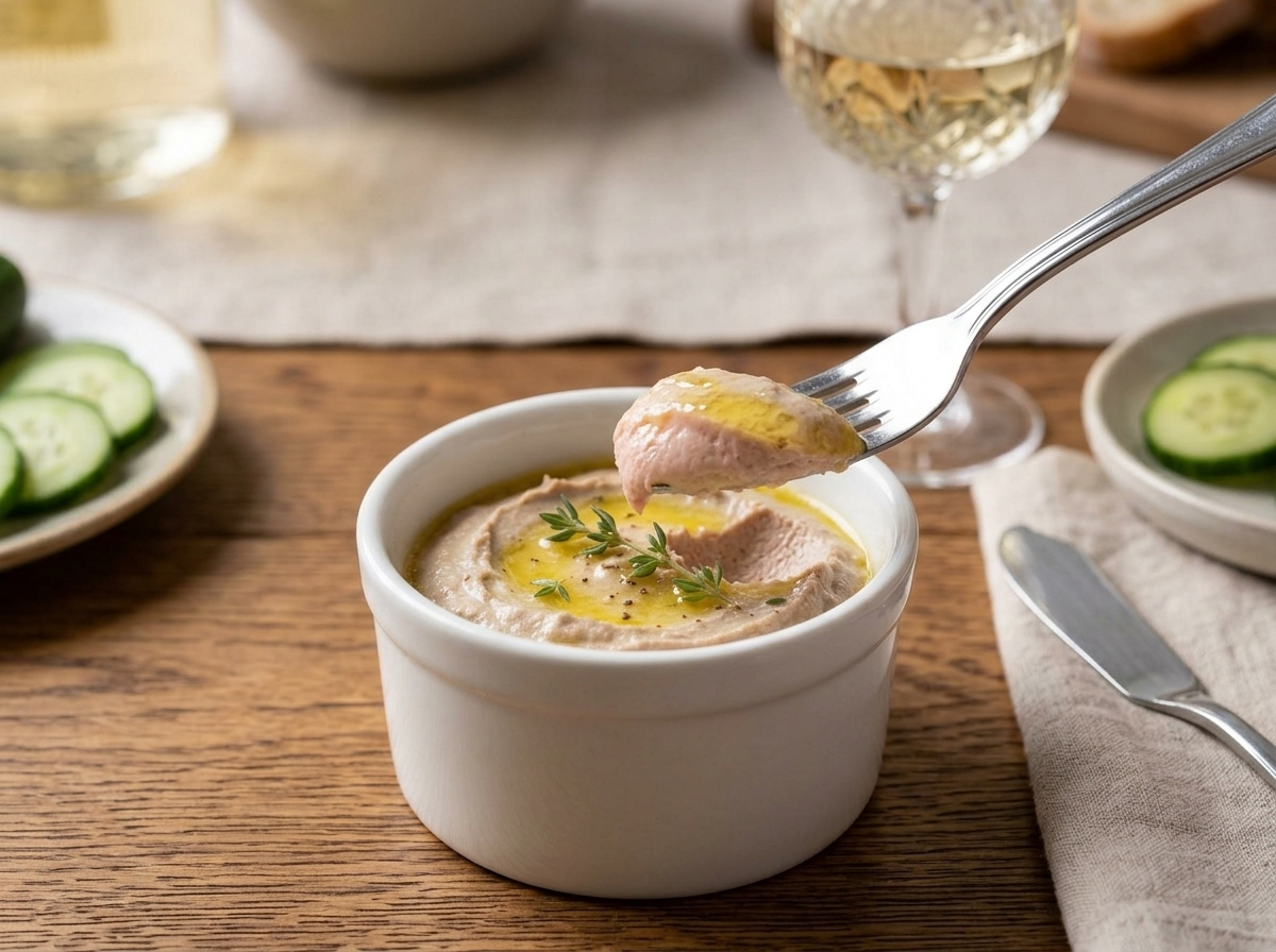 Hands spreading chicken liver pâté onto cucumber rounds at a linen-covered table with a glass of white wine.