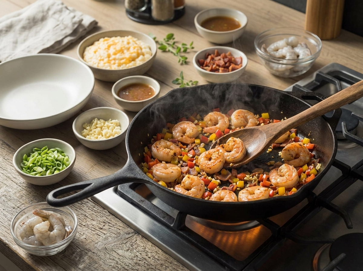 Shrimp searing in a cast iron skillet with garlic, bell pepper, and crispy bacon, steam rising over the stove.