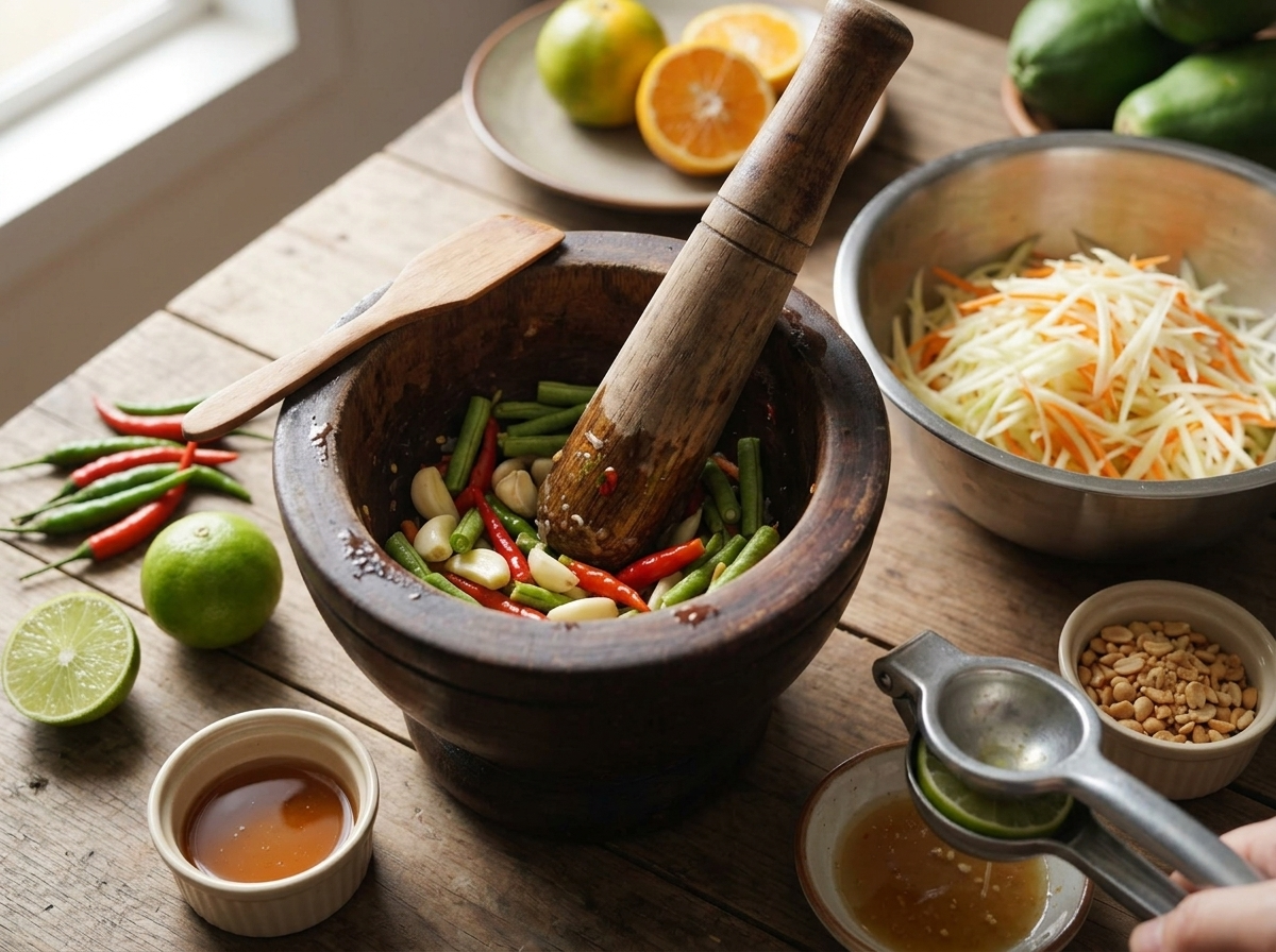 A wooden mortar and pestle bruising garlic and chilies, with shredded raw papaya waiting in a bowl beside it.