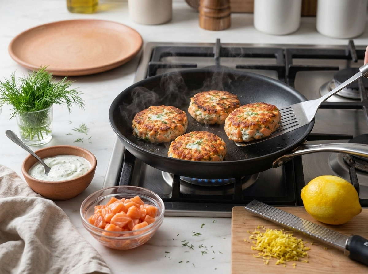 Salmon patties searing in a nonstick skillet, golden crust forming as a spatula lifts one edge to check doneness
