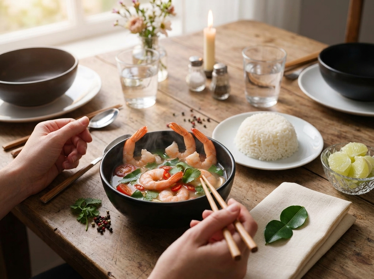 Two hands holding chopsticks and a spoon over a steaming bowl of tom yum soup beside jasmine rice on a linen napkin.