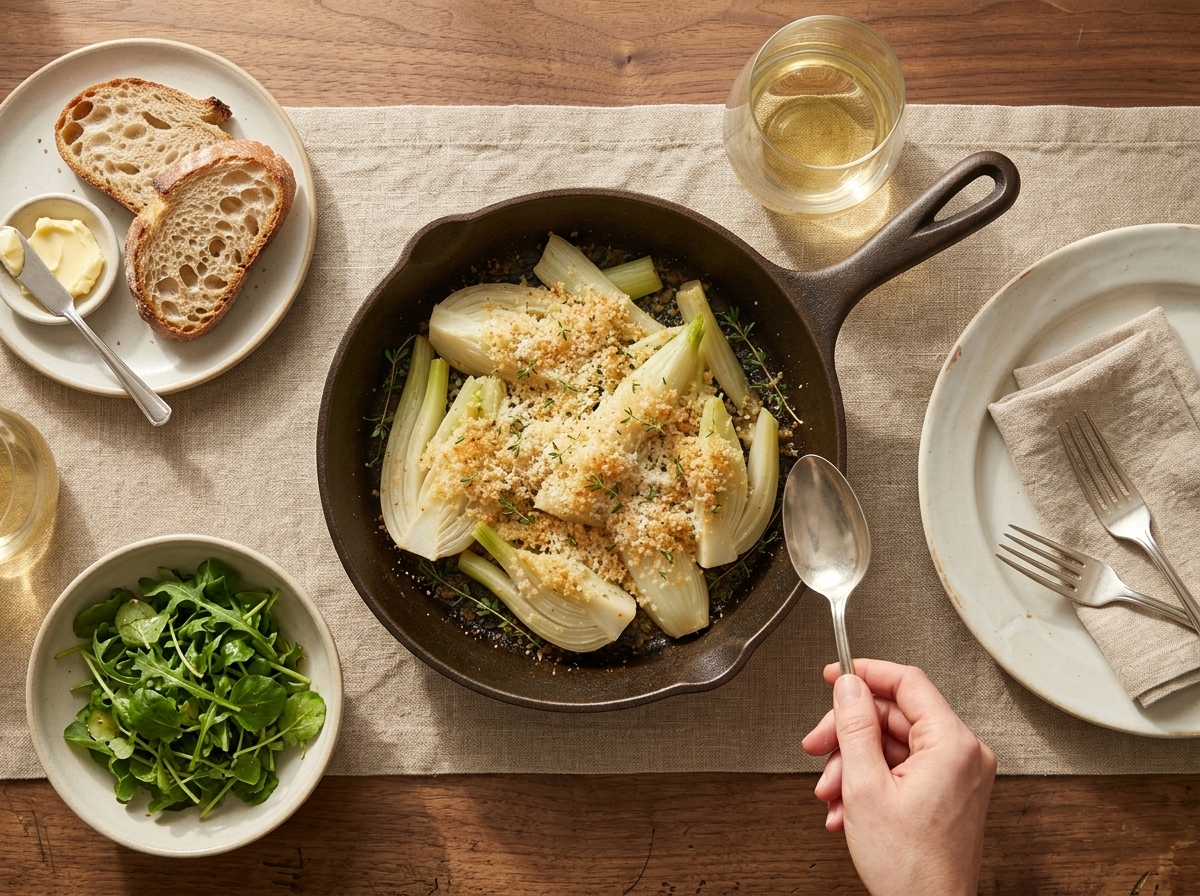 A linen-covered table set with the skillet of braised fennel, a glass of white wine, and crusty bread nearby.