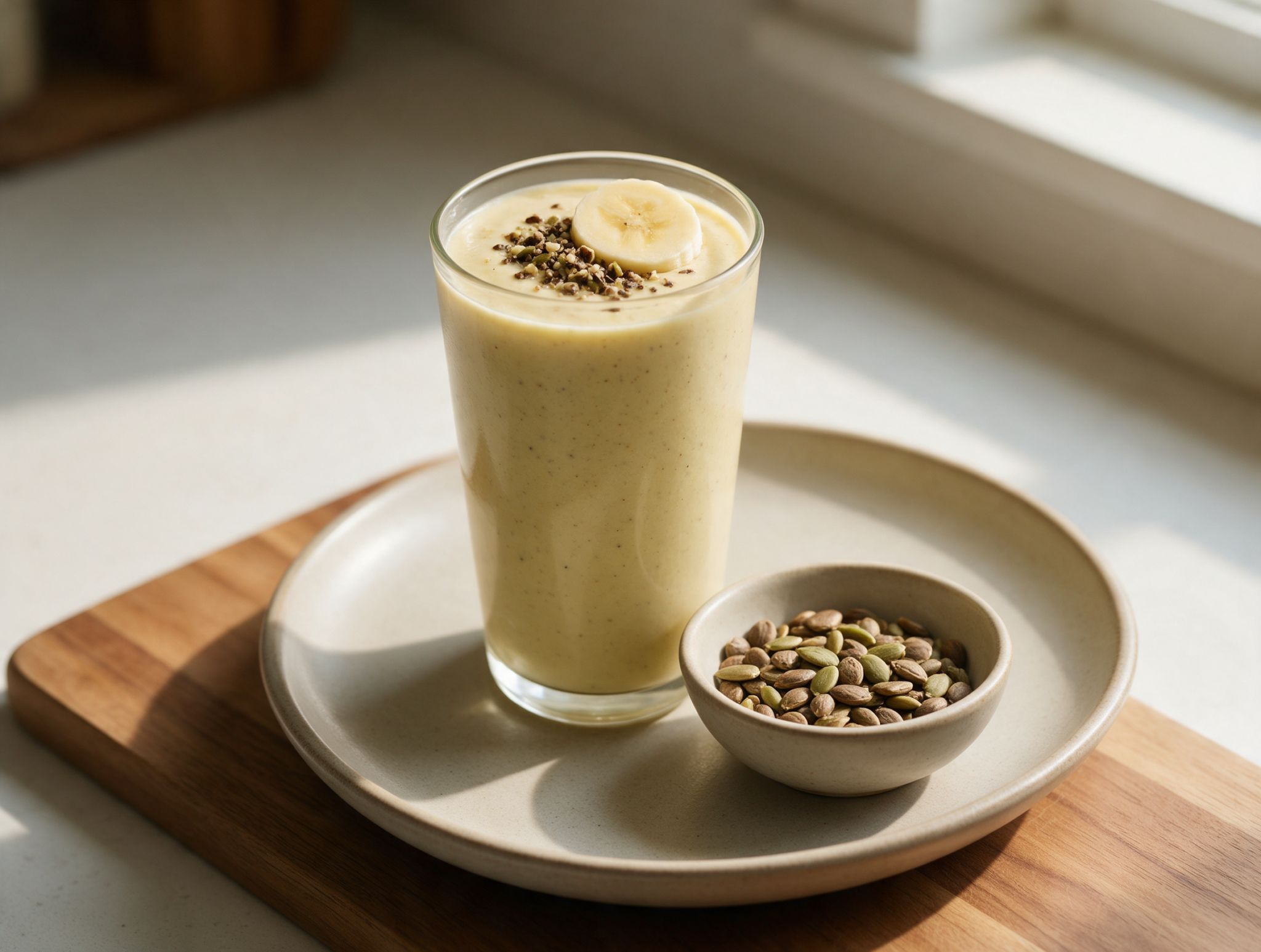 Tall glass of pale sacha inchi vanilla smoothie topped with crushed seeds and banana slice on a wooden board