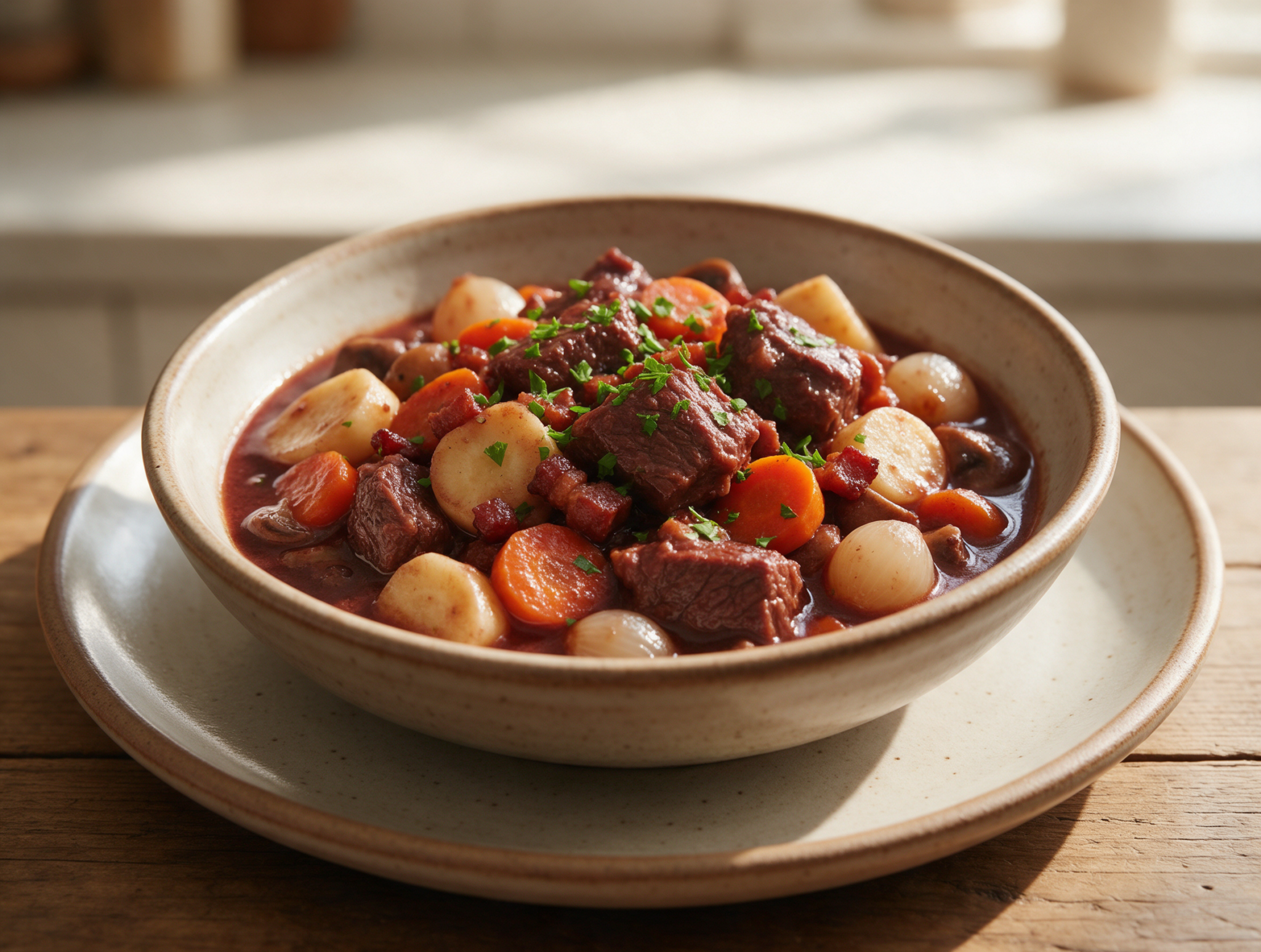 Overhead shot of beef bourguignon stew with tender carrots and parsnips in a glossy red wine sauce, garnished with parsley