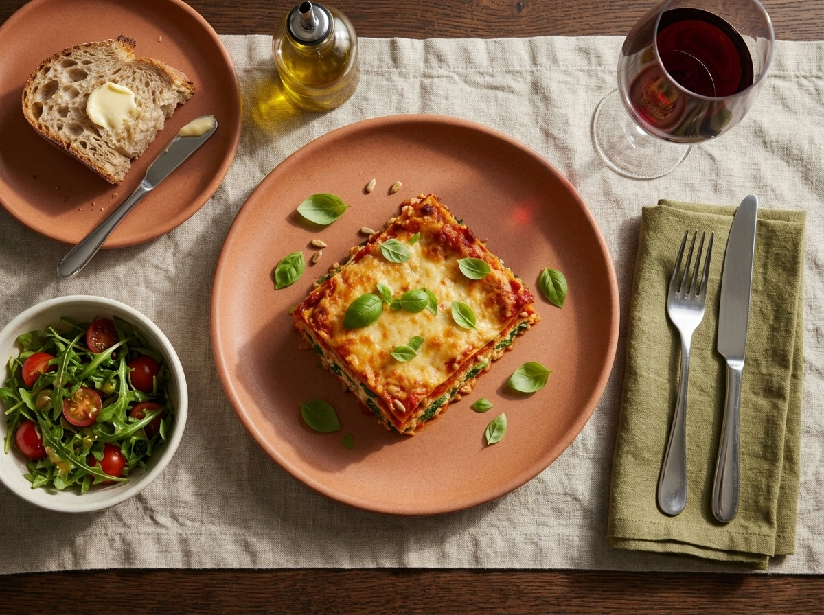 A plated slice of vegan lasagna on a linen tablecloth next to a glass of red wine and a fork