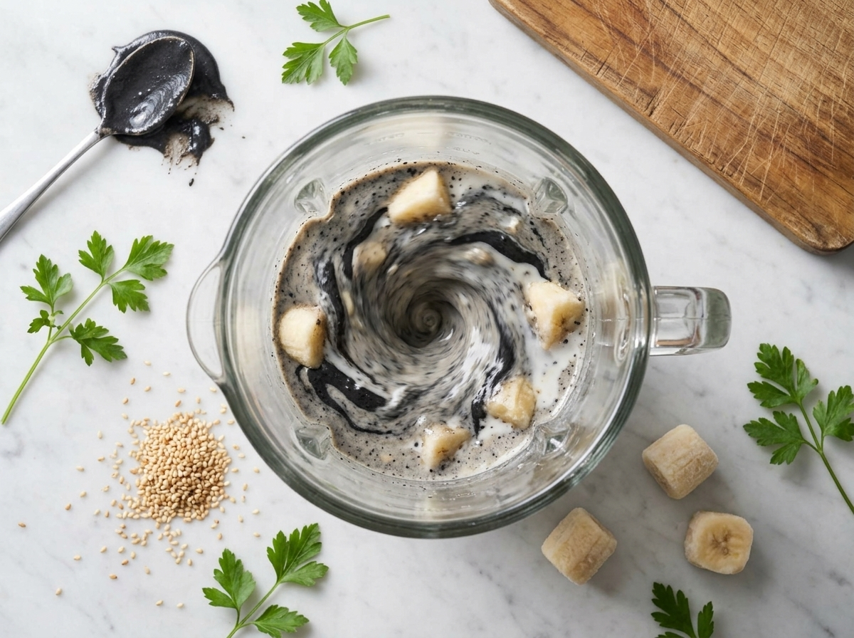 Blender jar mid-blend with frozen banana chunks, black sesame paste, and milk swirling into a smooth gray puree
