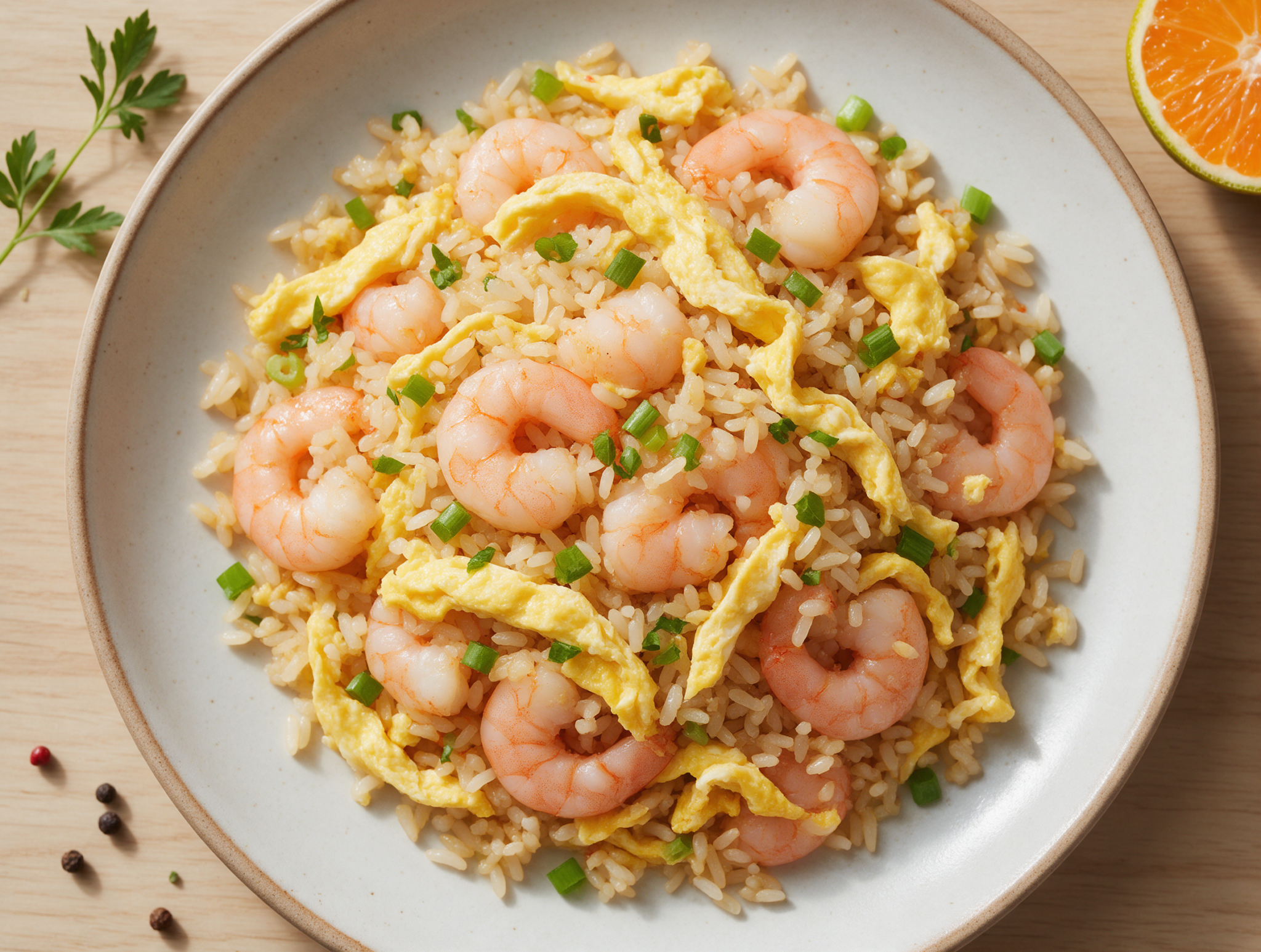 Overhead view of prawn and egg fried rice in a dark wok, glossy rice grains and pink prawns under warm light.
