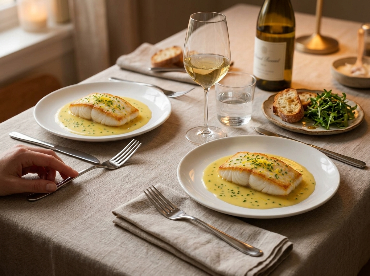 Two plates of halibut with lemon butter sauce set on a linen-topped table beside a glass of chilled white wine