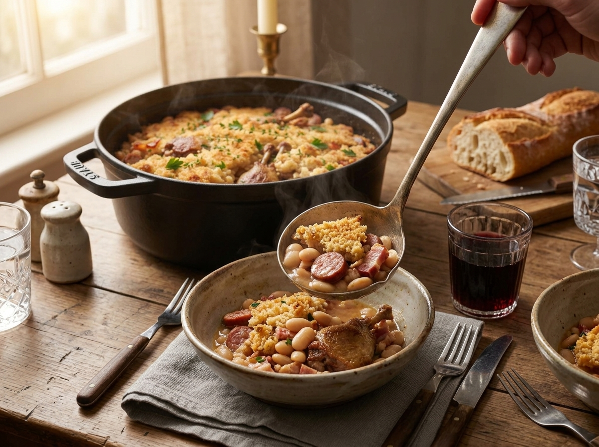 A ladle scooping cassoulet into a rustic bowl beside a linen napkin, baguette, and glass of red wine on a wood table