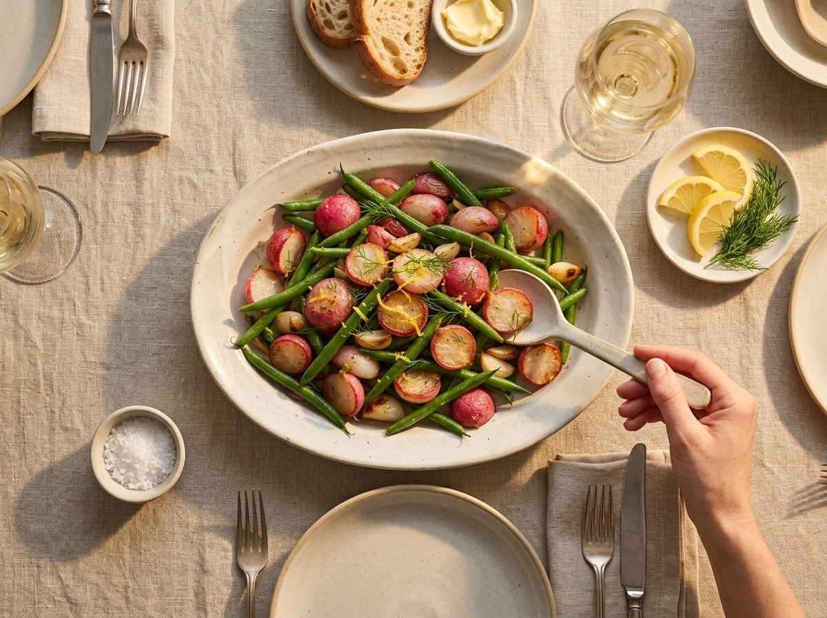 A linen-set table with a bowl of radish and green bean saute, a lemon wedge, and a fork resting beside it