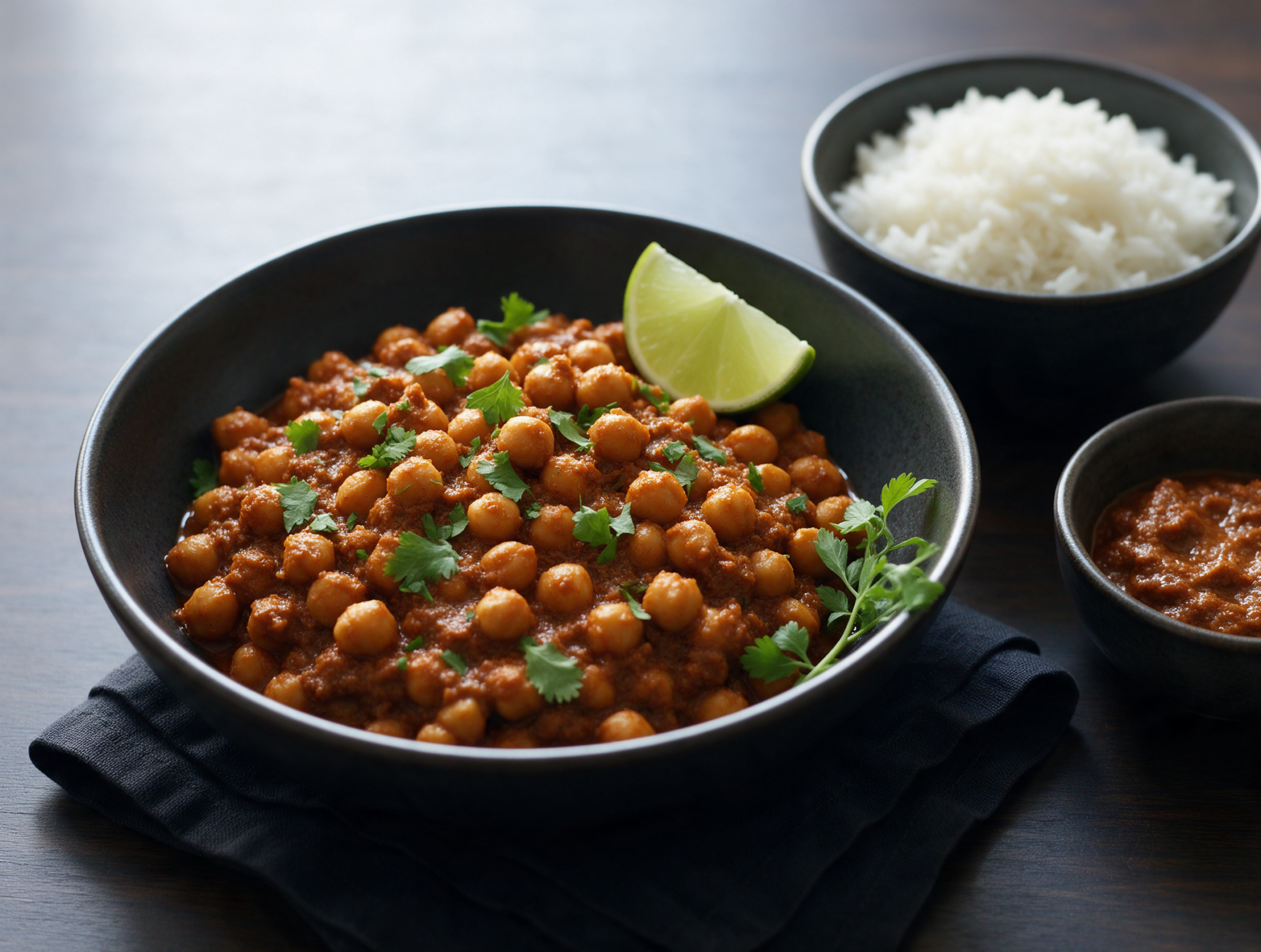 Overhead shot of chickpea rendang in a dark bowl, thick reddish-brown sauce, rice and lime beside it.